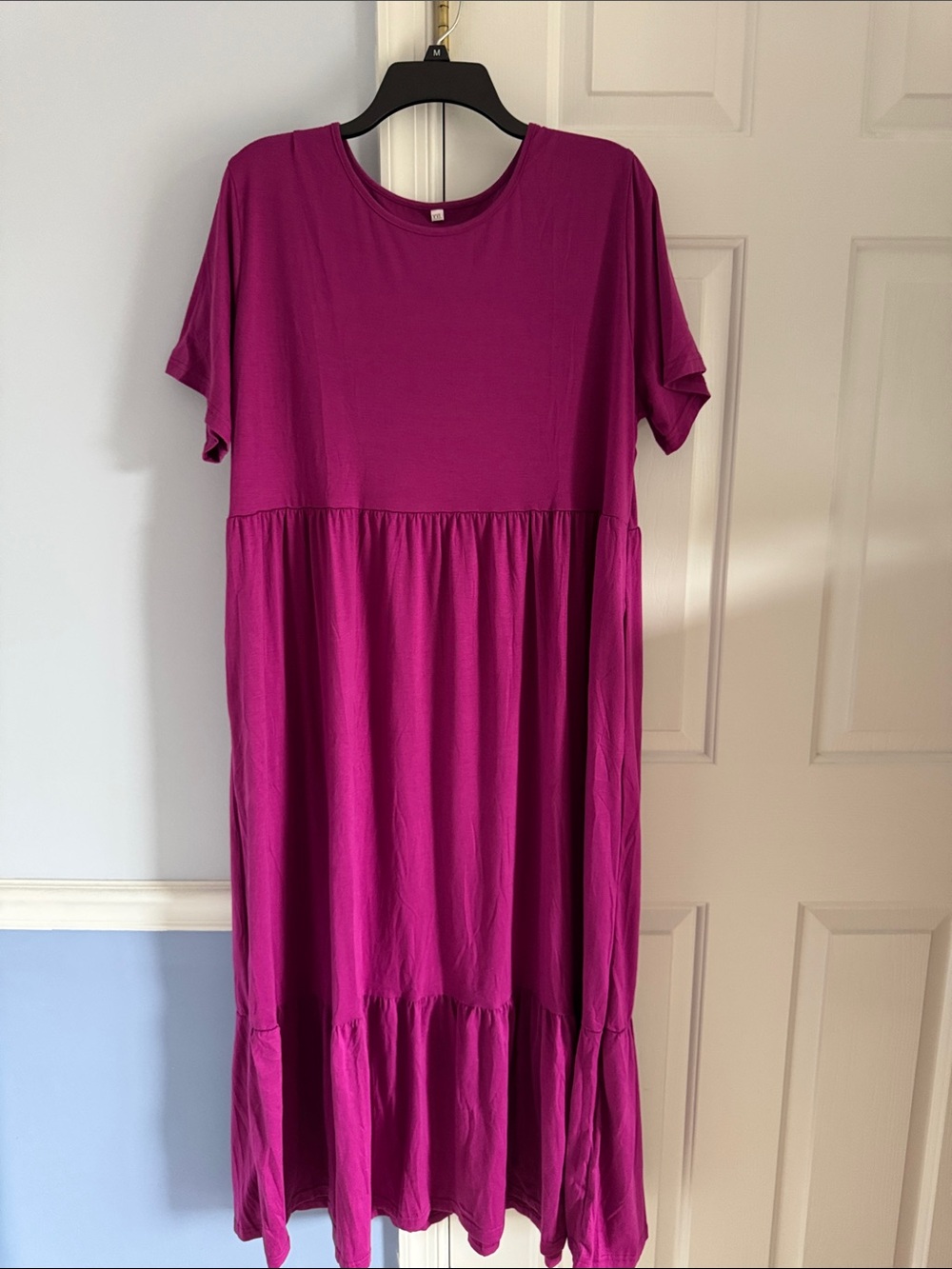 Magenta Purple Tiered Short Sleeve Stretch Knit Midi Maxi Dress XXL 53”